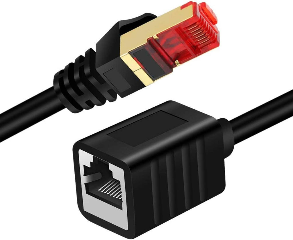 RJ45 Ethernet extension cable close-up showing red translucent connector and gold contacts