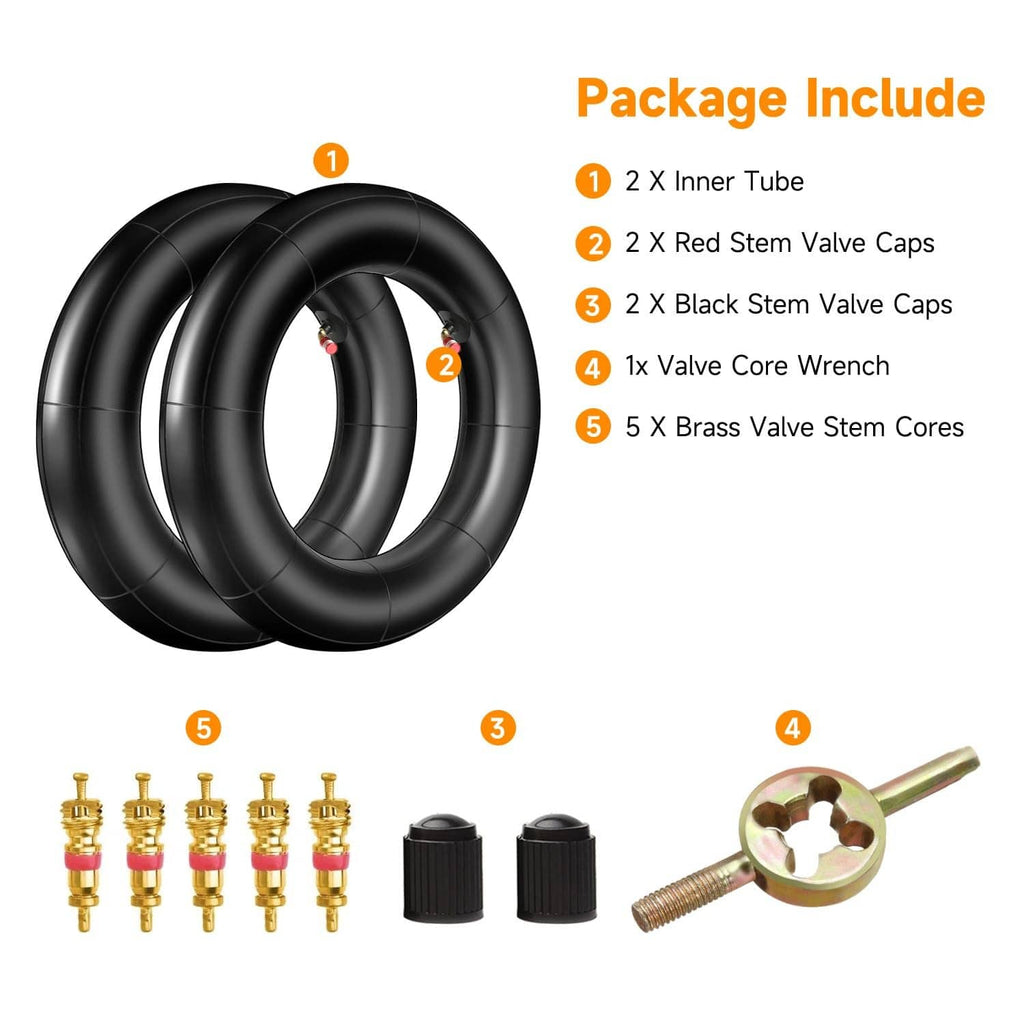 Inner tube kit: two black tubes, red and black caps, valve wrench, and brass cores