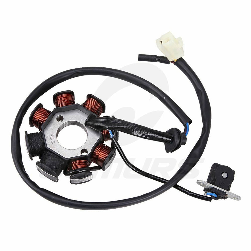 8-coil stator magneto with black housing, copper coils, and wiring harness with connectors