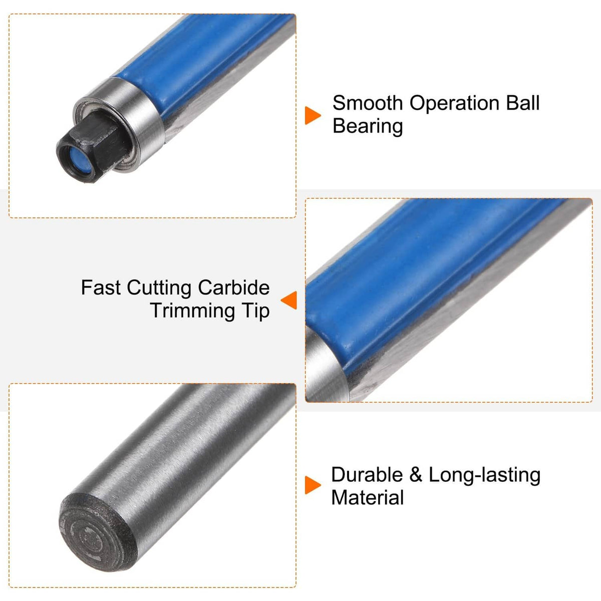 Flush trim router bit with carbide trimming tip and ball bearing guide