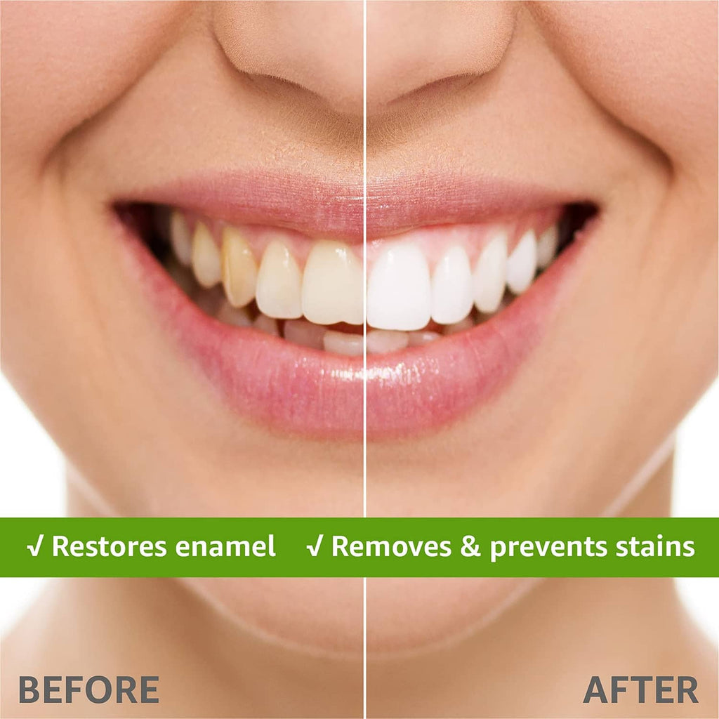 Whitening toothpaste before-and-after mouth image with enamel restore and stain removal text