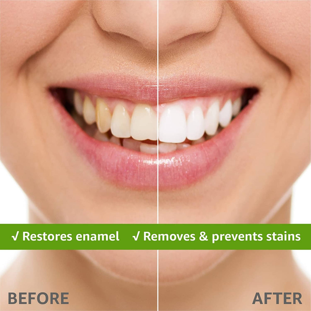Whitening toothpaste before-and-after mouth image with enamel restore and stain removal text