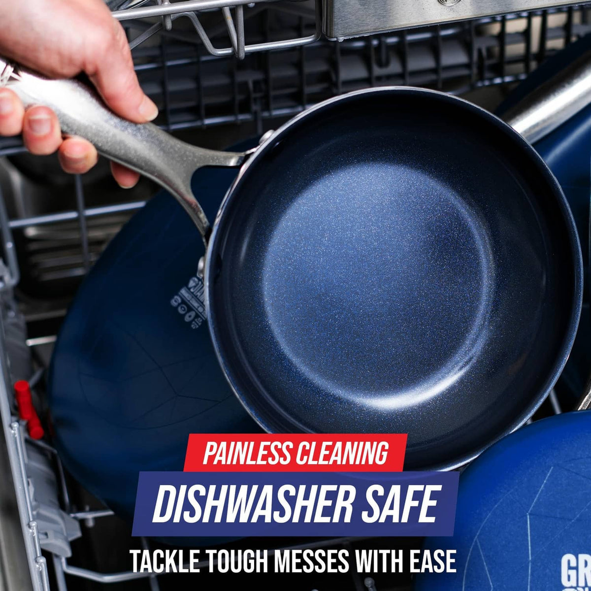Blue nonstick frying pan skillet being cleaned in dishwasher basket with speckled interior