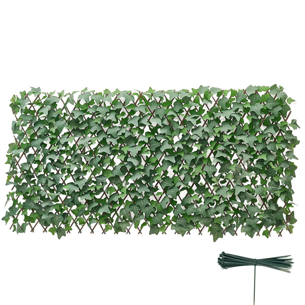 Artificial privacy screen with dense green faux ivy foliage and attached tie strings