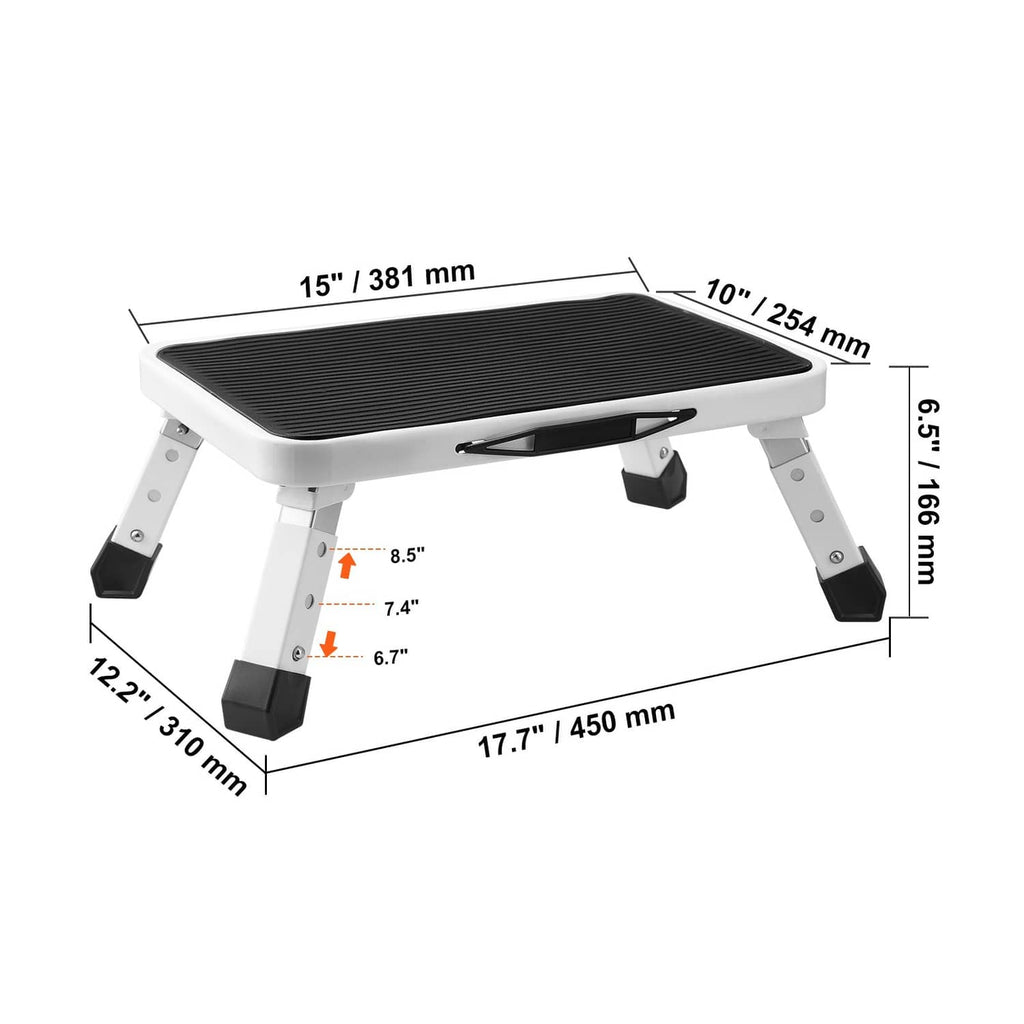 Step stool ladder with black platform and four feet, shown with size dimensions