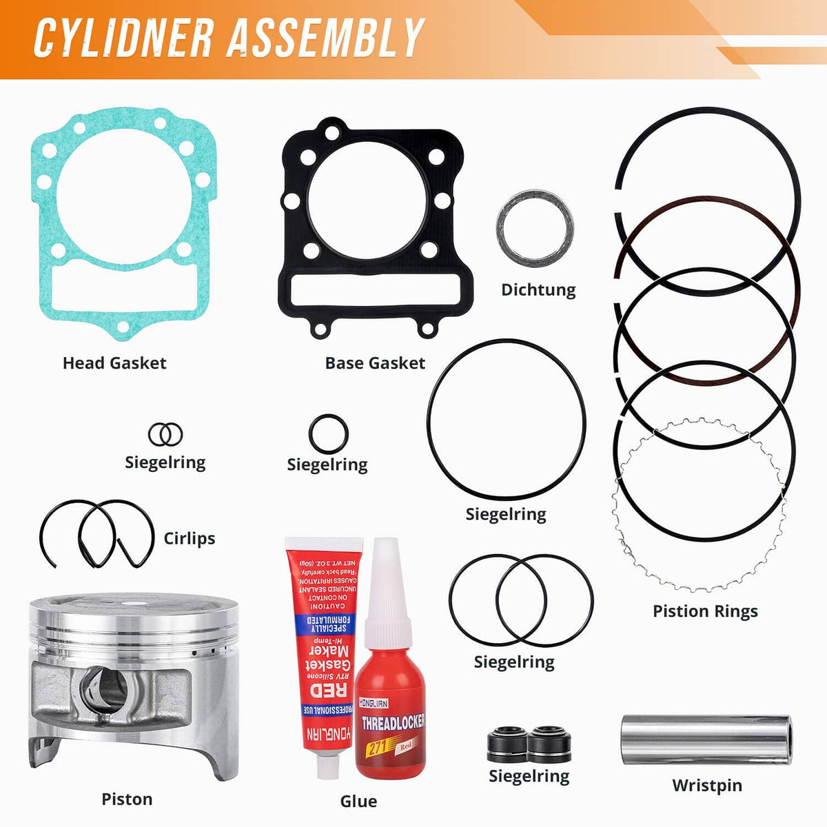 Cylinder parts assortment for top end rebuild: gaskets, rings, piston, circlips and wrist pin