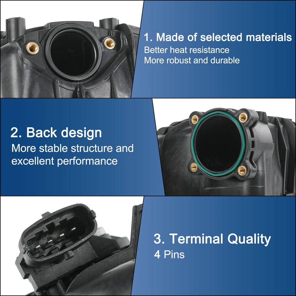 Intake manifold assembly close-up with round intake opening and connector area
