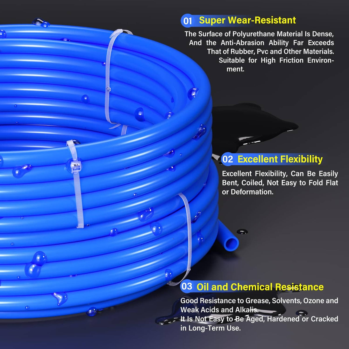 Blue PU pneumatic tubing coiled with durable, flexible looped construction