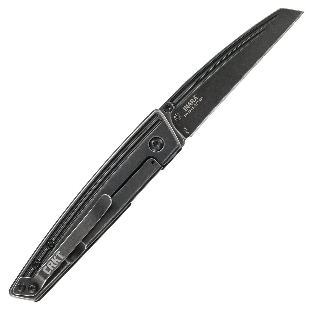 CRKT Inara folding knife, partially open black blade with black textured G10 handle