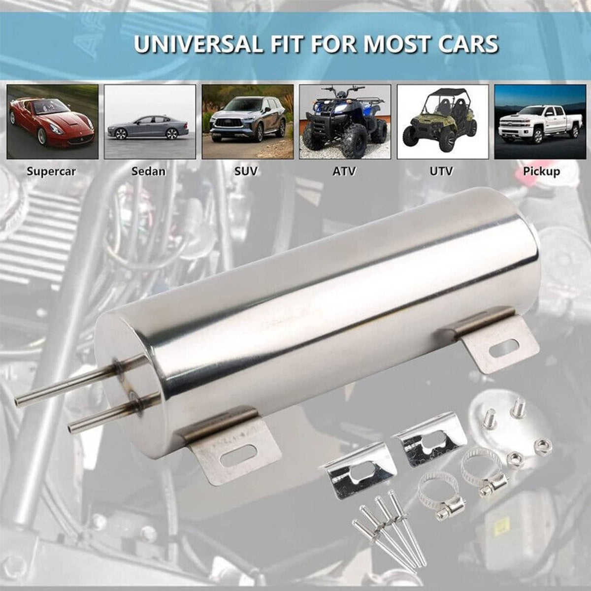Stainless steel universal radiator overflow tank with mounting holes and included clamps