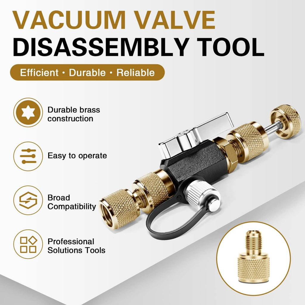HVAC vacuum valve disassembly tool with black handle and knurled brass fittings