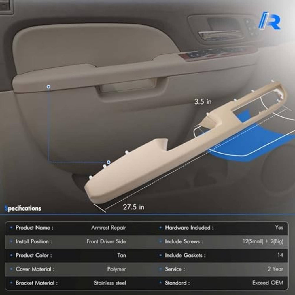 Tan front left door armrest repair cover with dimensions shown for fitment