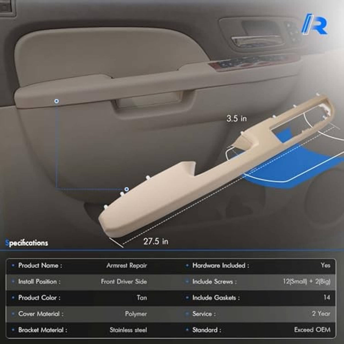 Tan front left door armrest repair cover with dimensions shown for fitment