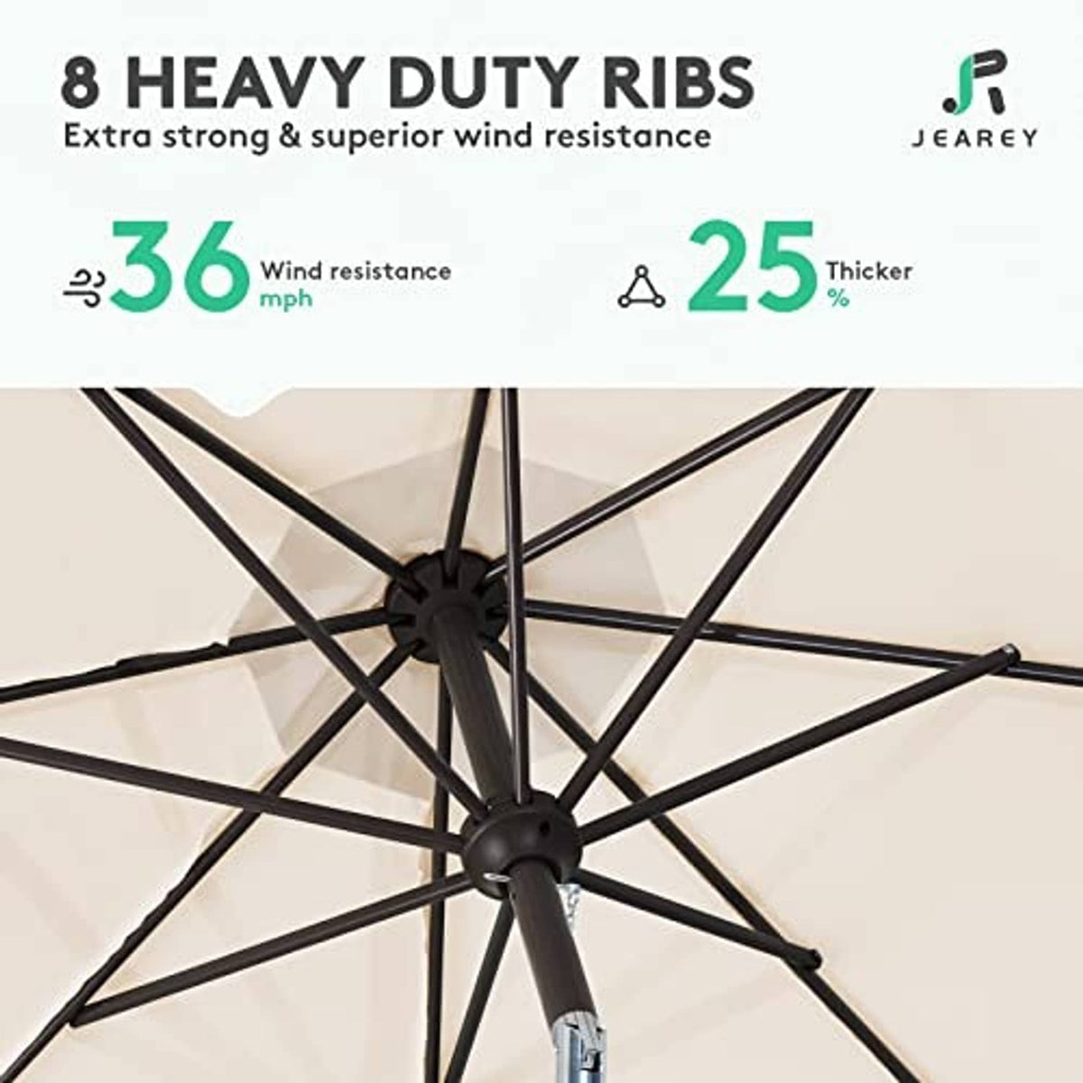 Beige patio umbrella frame close-up with cross ribs and central pole hub