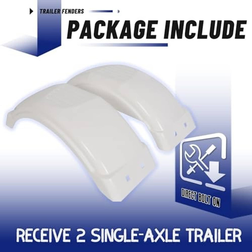 White trailer fender pair with direct-bolt-on icon, curved covers for single-axle trailers
