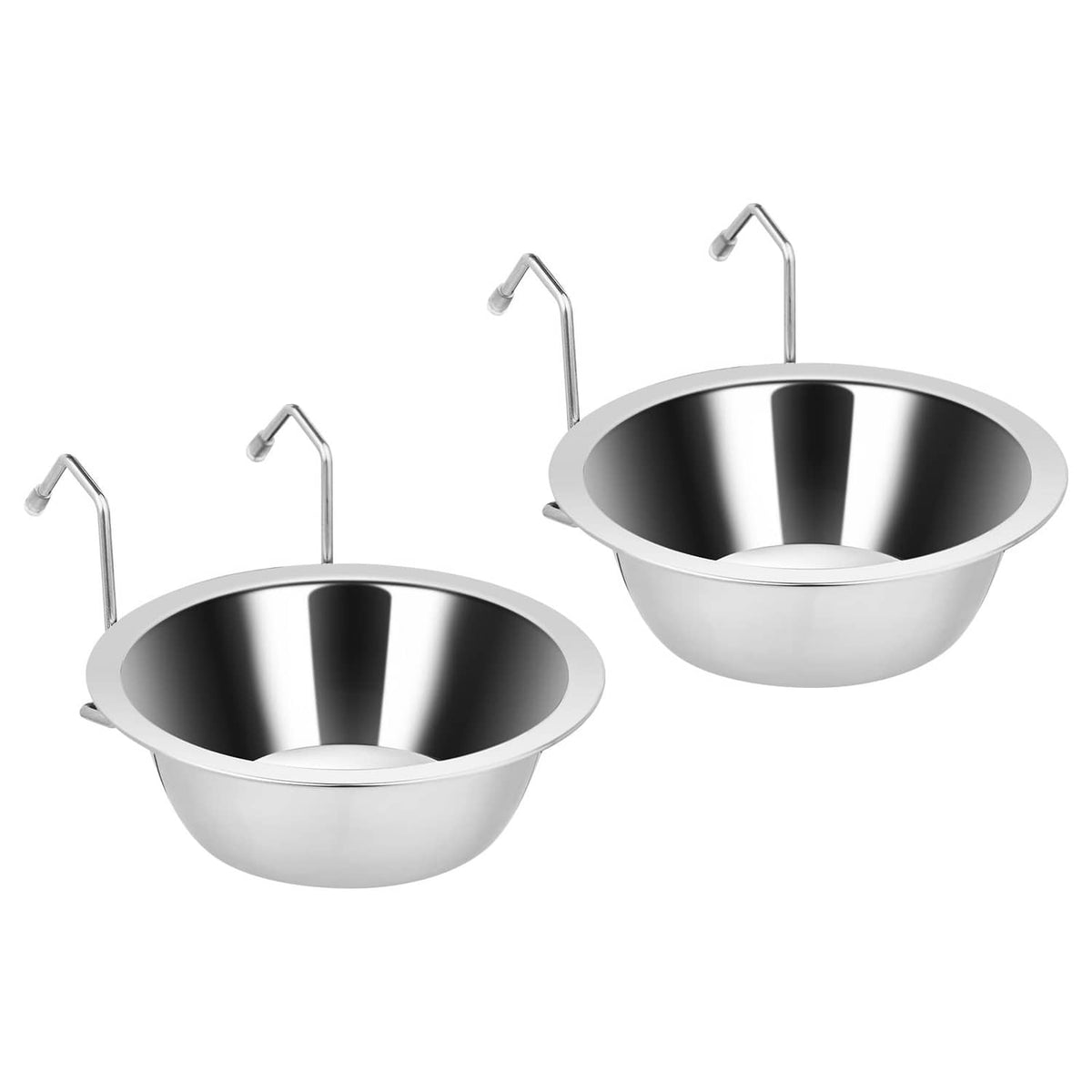 Set of two stainless steel hanging kennel bowls with adjustable hook stands