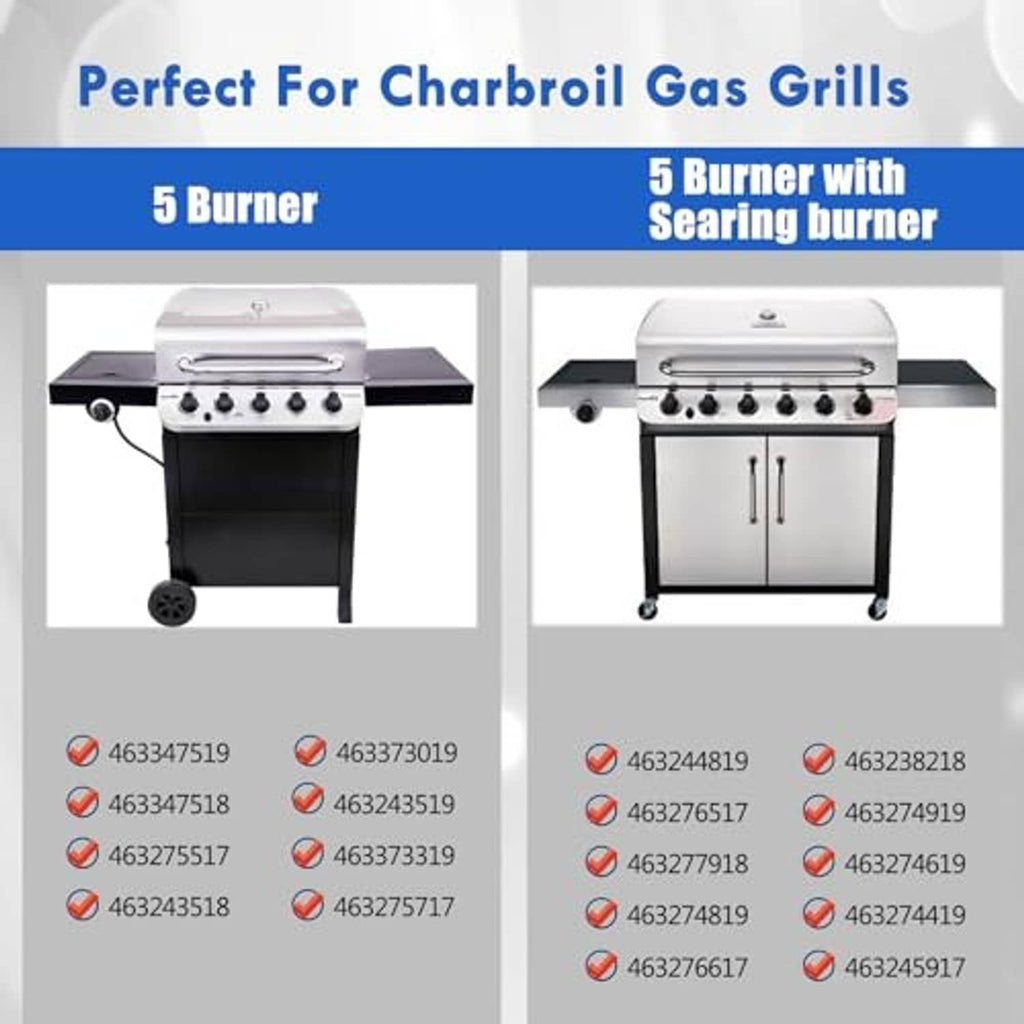 Stainless steel 5-burner gas grill searing burner replacement parts shown installed