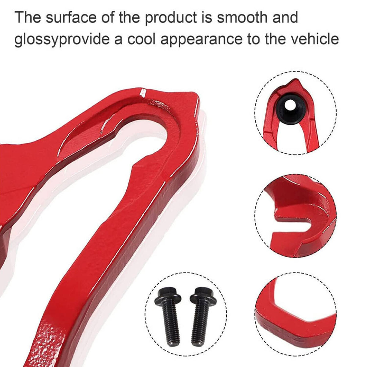 Red tow hook with round mounting hole, shown with black bushing and two screws