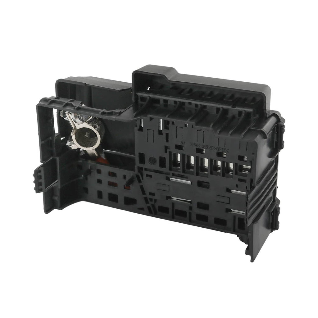 Battery fuse box terminal with cover, close-up of black connector module and metal ring