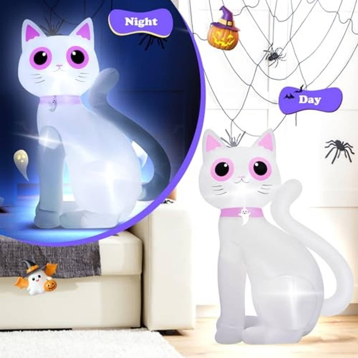 White inflatable cat decoration with LED lights for day and night indoor display.
