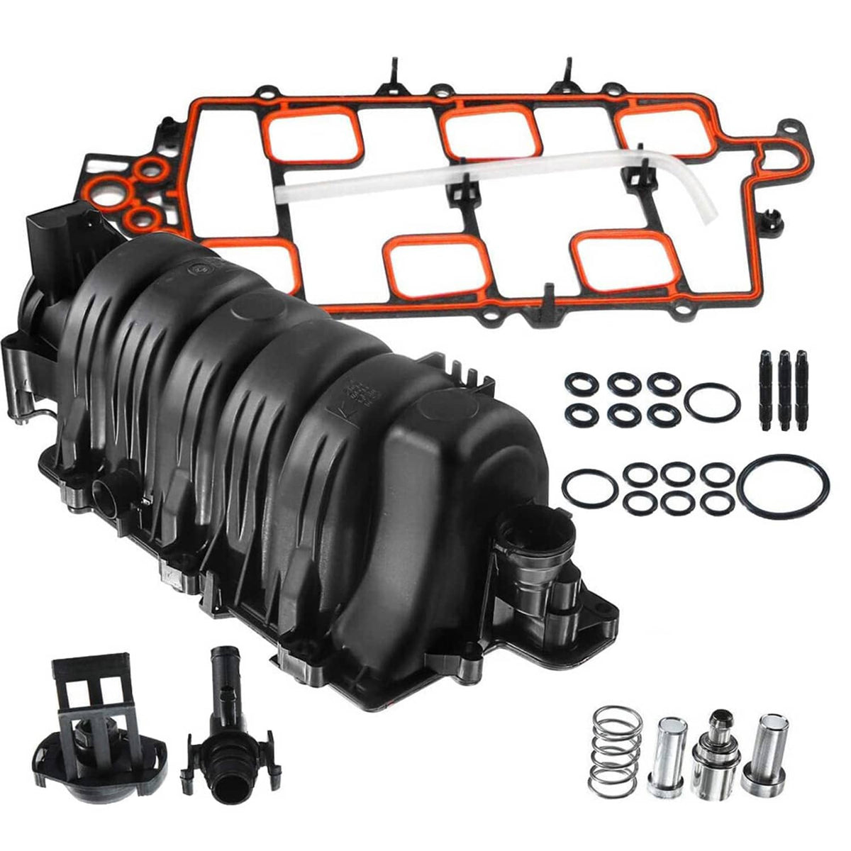 Upper intake manifold with gasket kit in black, includes bolts and seals