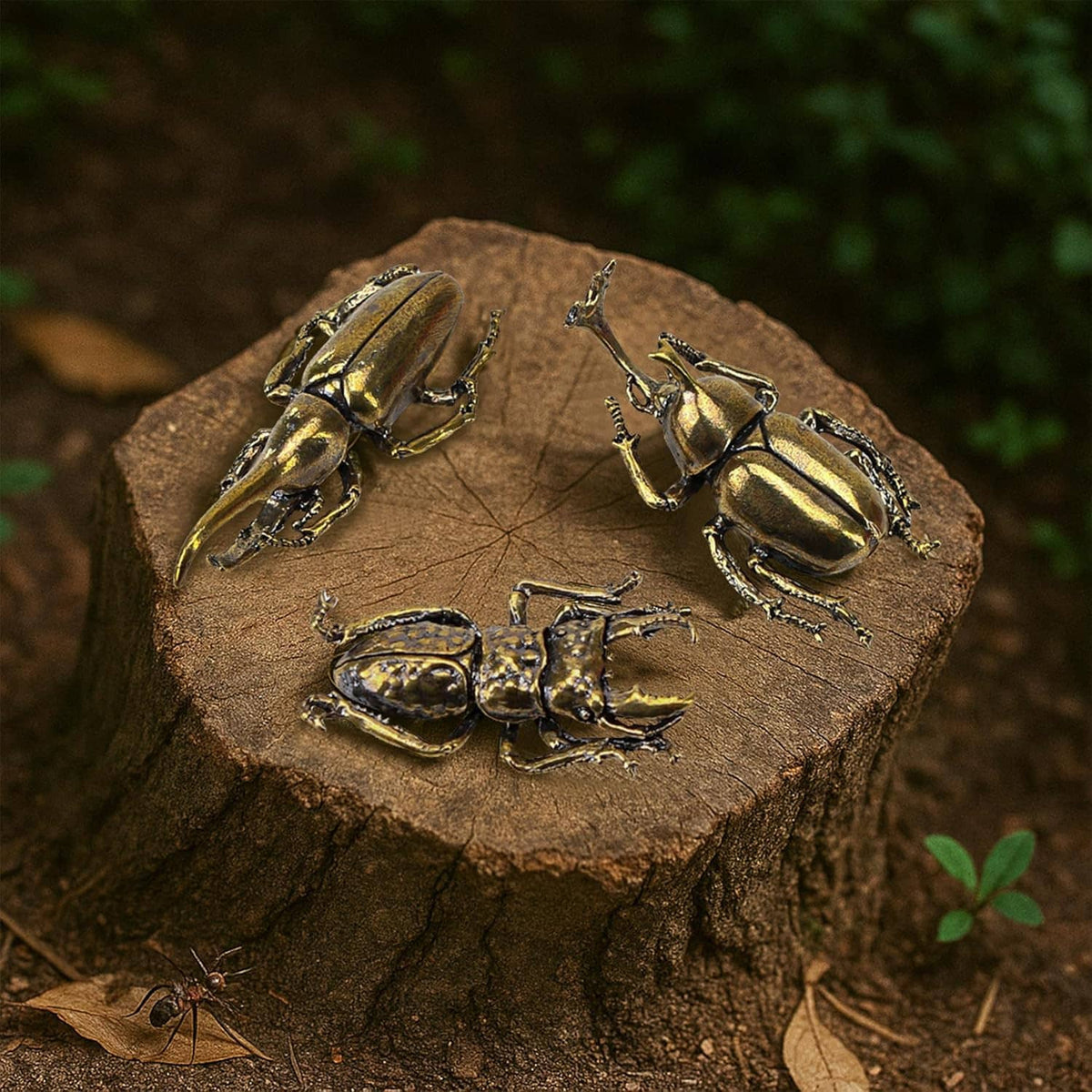Brass beetle figurine ornaments set on a round wooden slice