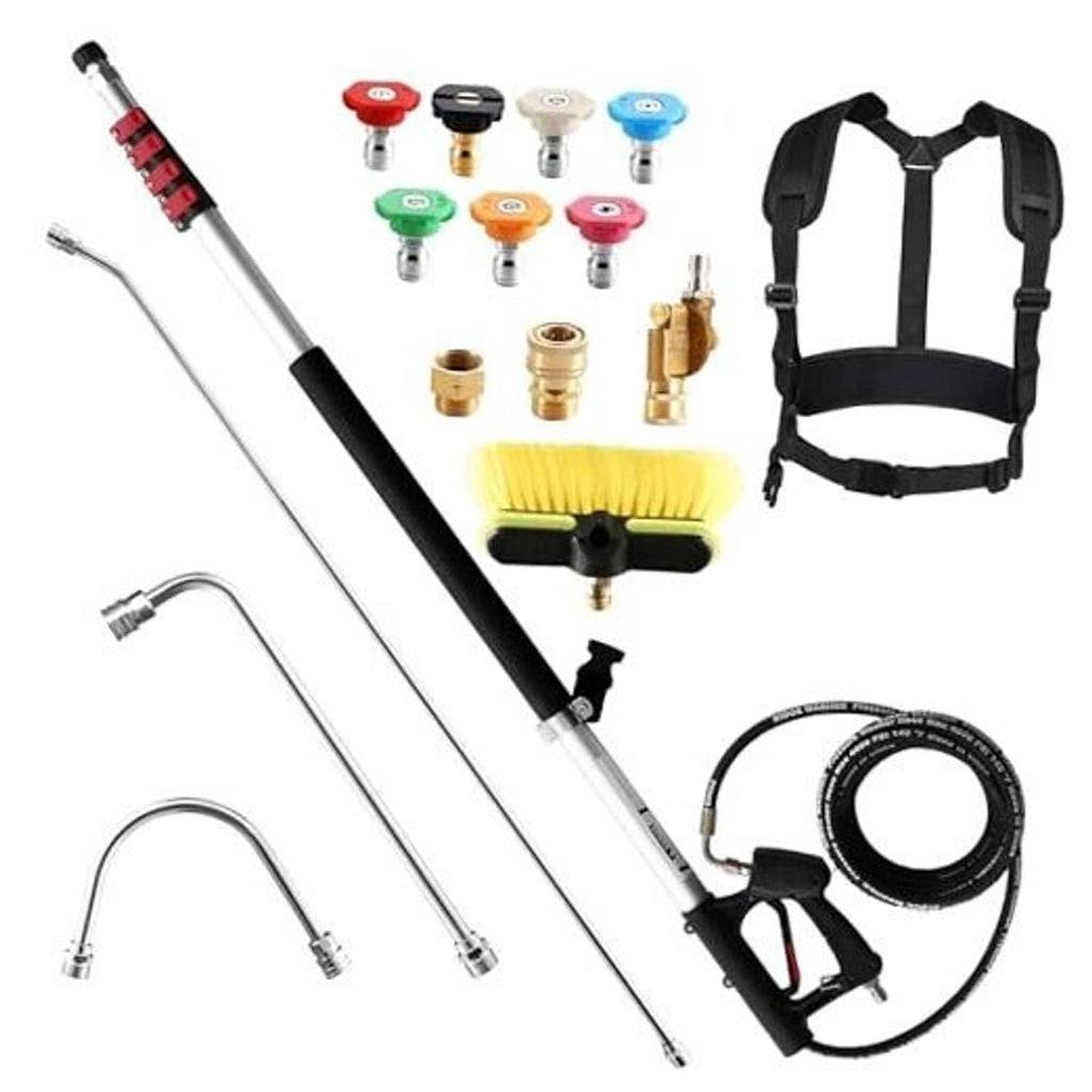 Telescoping pressure washer wand kit with brush, spray gun, hose, quick fittings, and carry strap