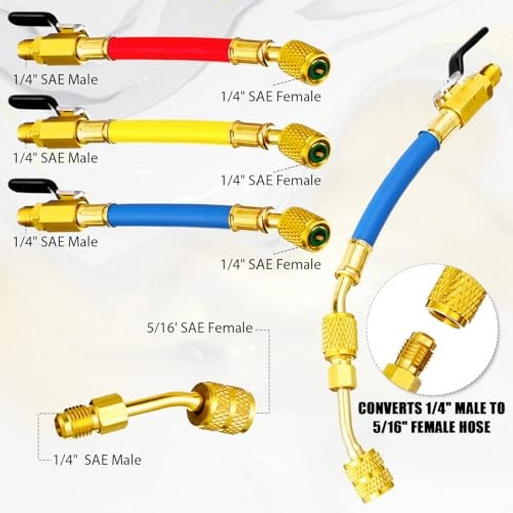 Color-coded hoses with gold brass 1/4 SAE male and 1/4 SAE female connectors