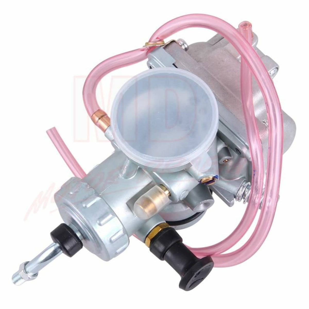 Silver carburetor with clear diaphragm cover and pink fuel hoses, side view