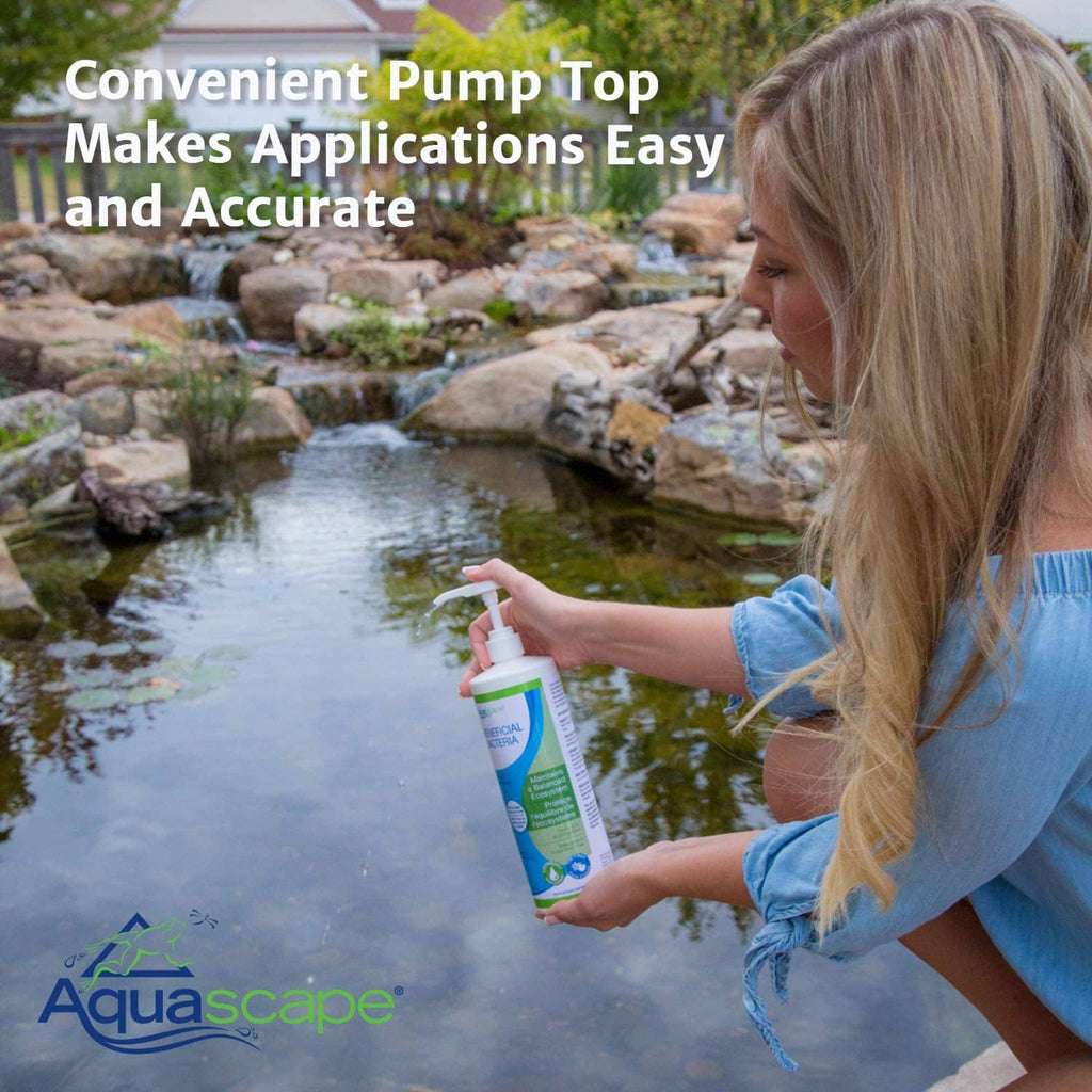 Aquascape Beneficial Bacteria liquid bottle with pump sprayer held in hand