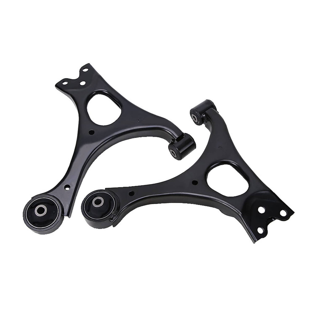 Two black lower control arms with ball joints and round bushing ends.