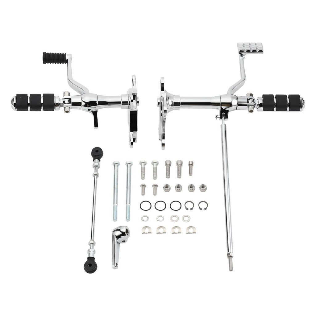 Motorcycle forward control set with chrome foot pegs, levers, and included hardware