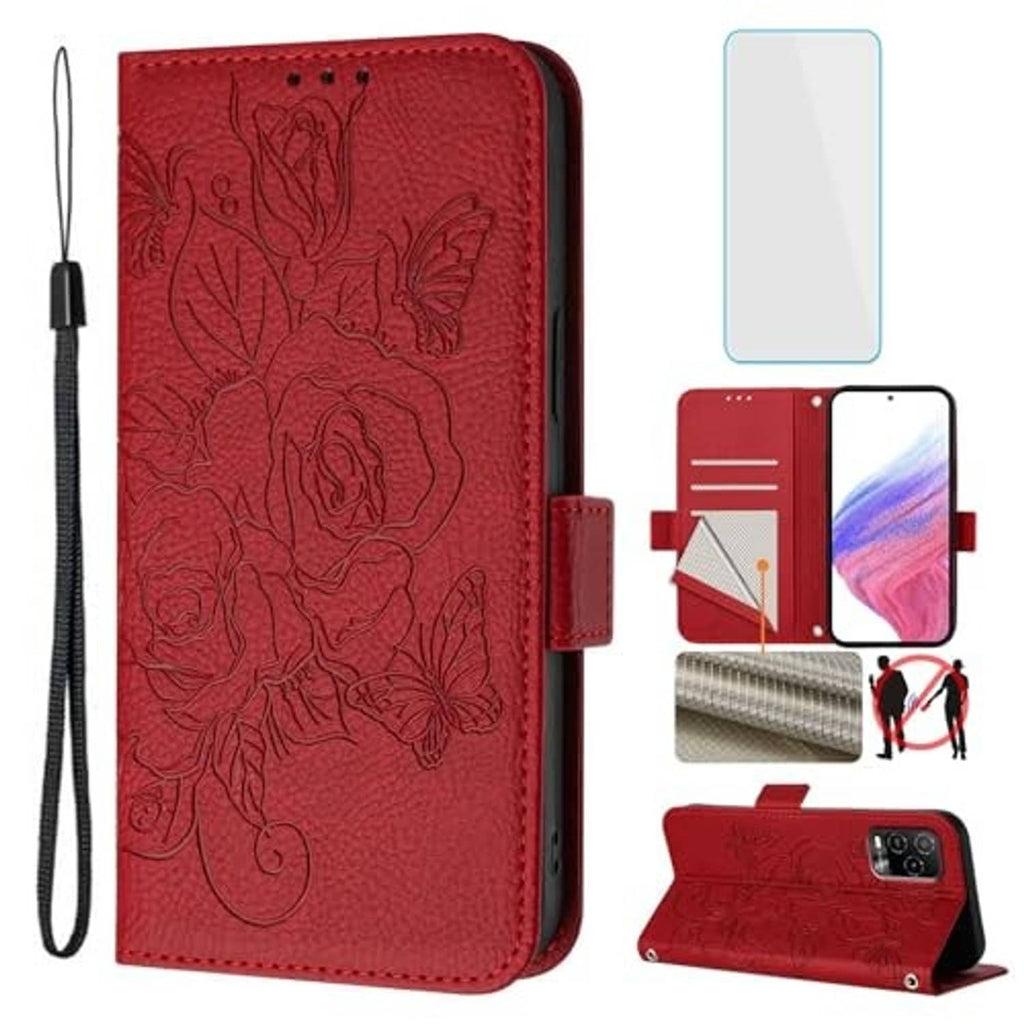 Red embossed floral phone wallet case with wrist strap and fold-out card holder