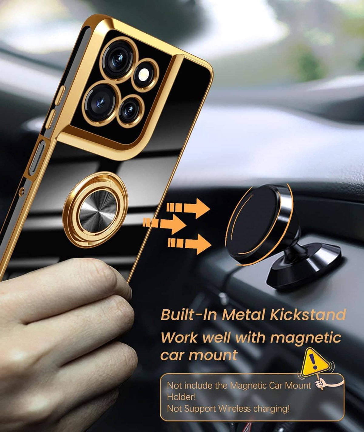 Gold phone case with built-in metal kickstand ring holder and camera cutouts