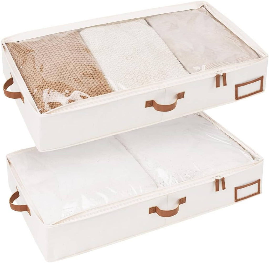 Set of 2 under-bed storage bins, white fabric, open lids, side handles, label windows