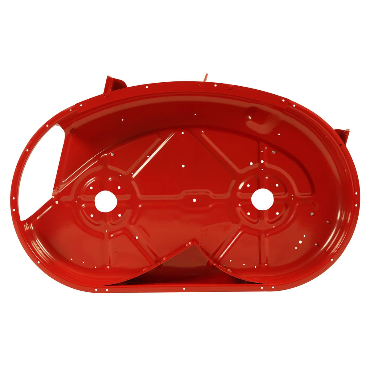 Red mower deck underside with circular openings and reinforcing panel lines