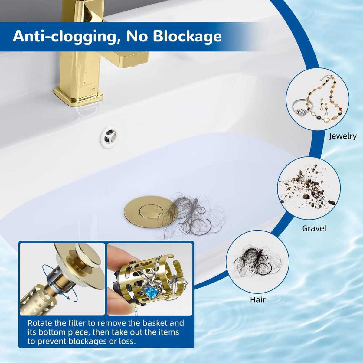 Brushed gold bathroom sink pop-up drain strainer with flat top seal cover