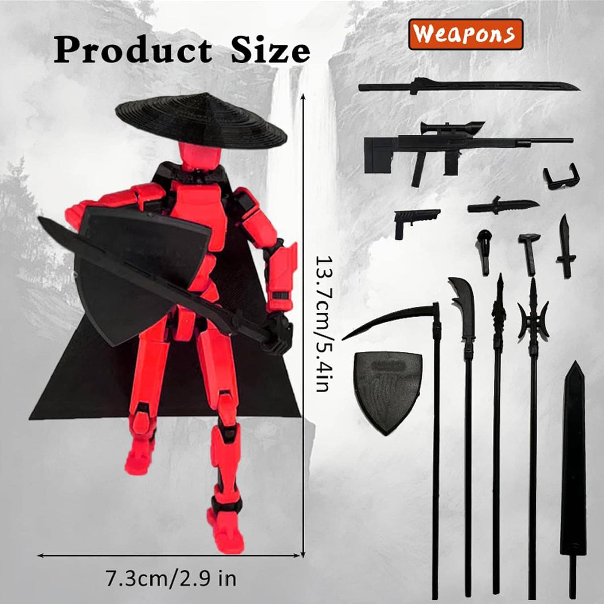 Red-and-black action figure with shield and multiple weapon attachments, size shown
