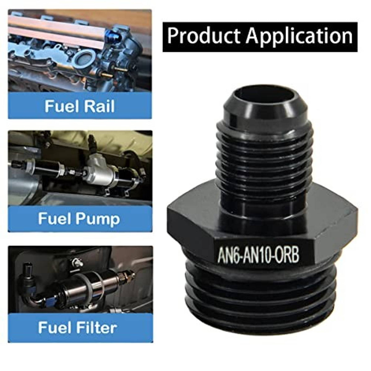 AN6-AN10 ORB male fuel fitting, black hex base with threaded ends