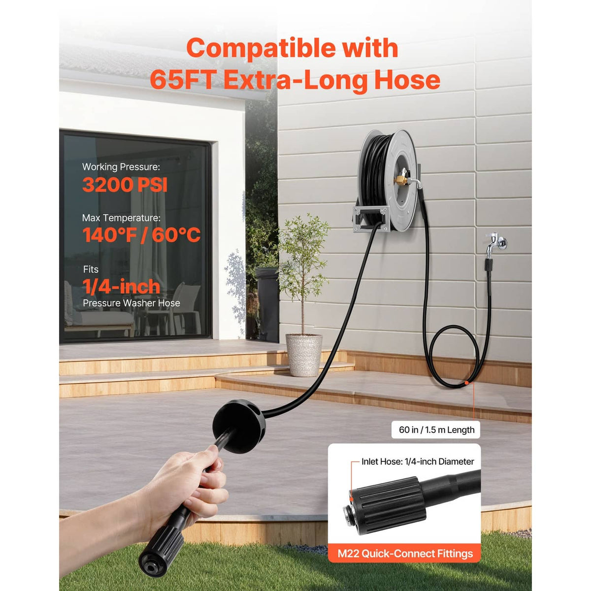 Retractable pressure washer hose reel with long black hose and quick-connect fittings