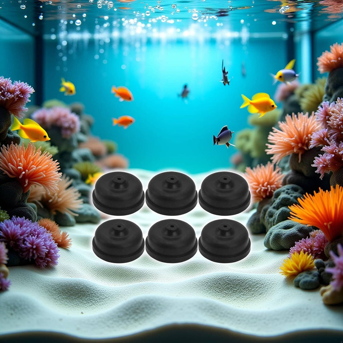 Six black diaphragms on light fabric, domed tops with center holes