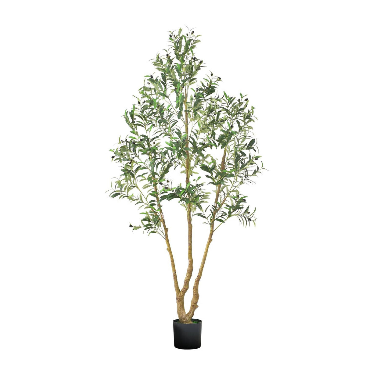 Full view tall artificial olive tree with green leaves and black pot