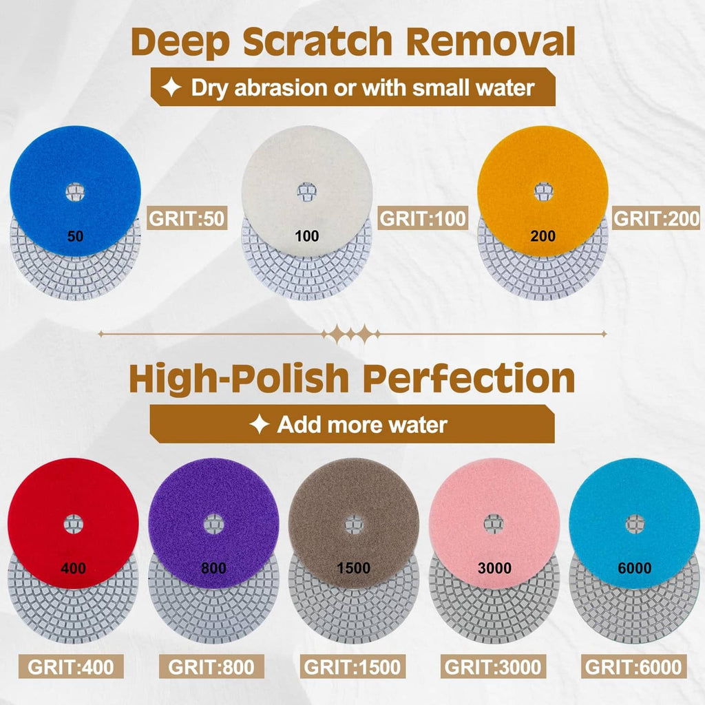 Diamond polishing pad discs showing grit levels from 50 to 6000 on round pads