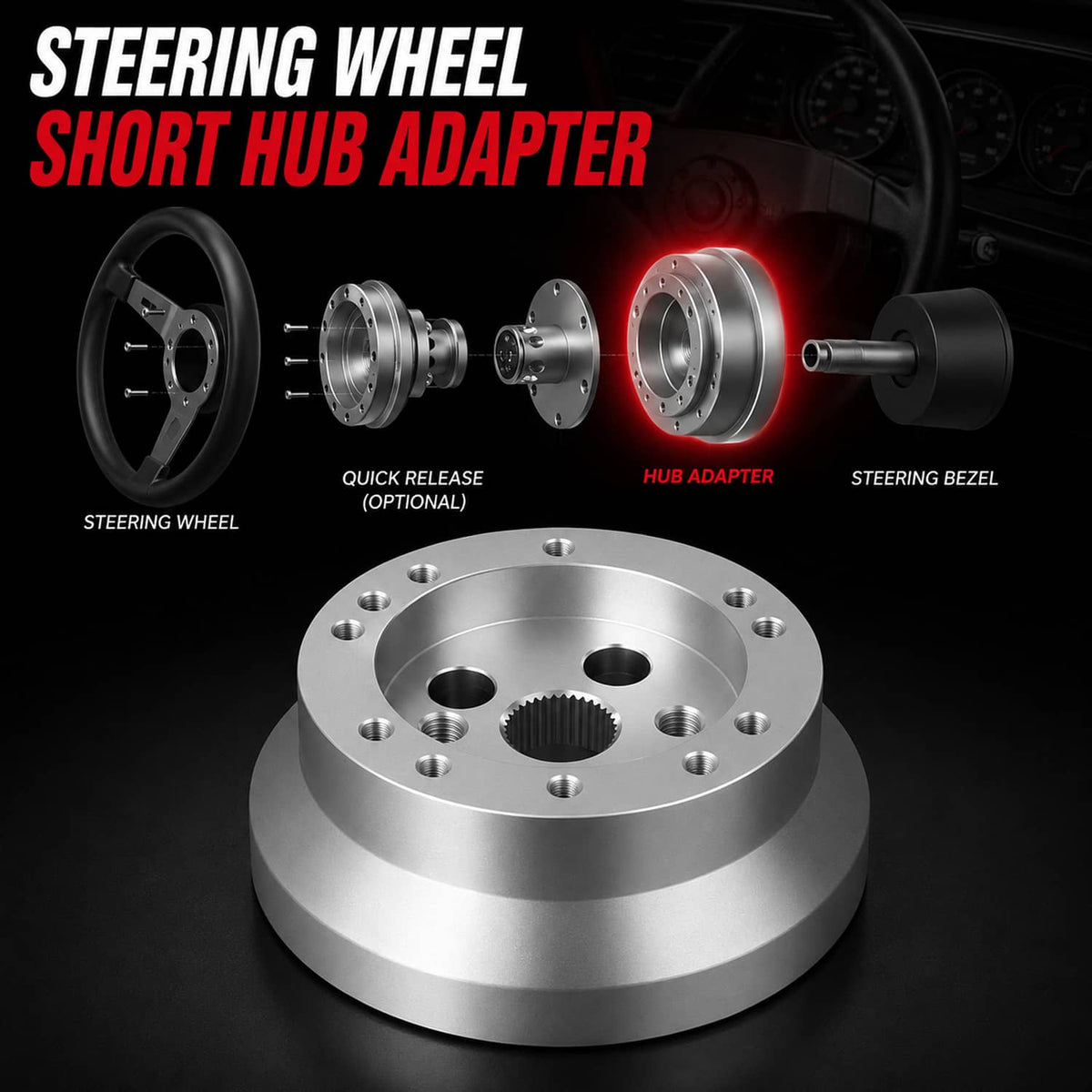 Silver steering wheel hub adapter with bolt holes and matching hub components