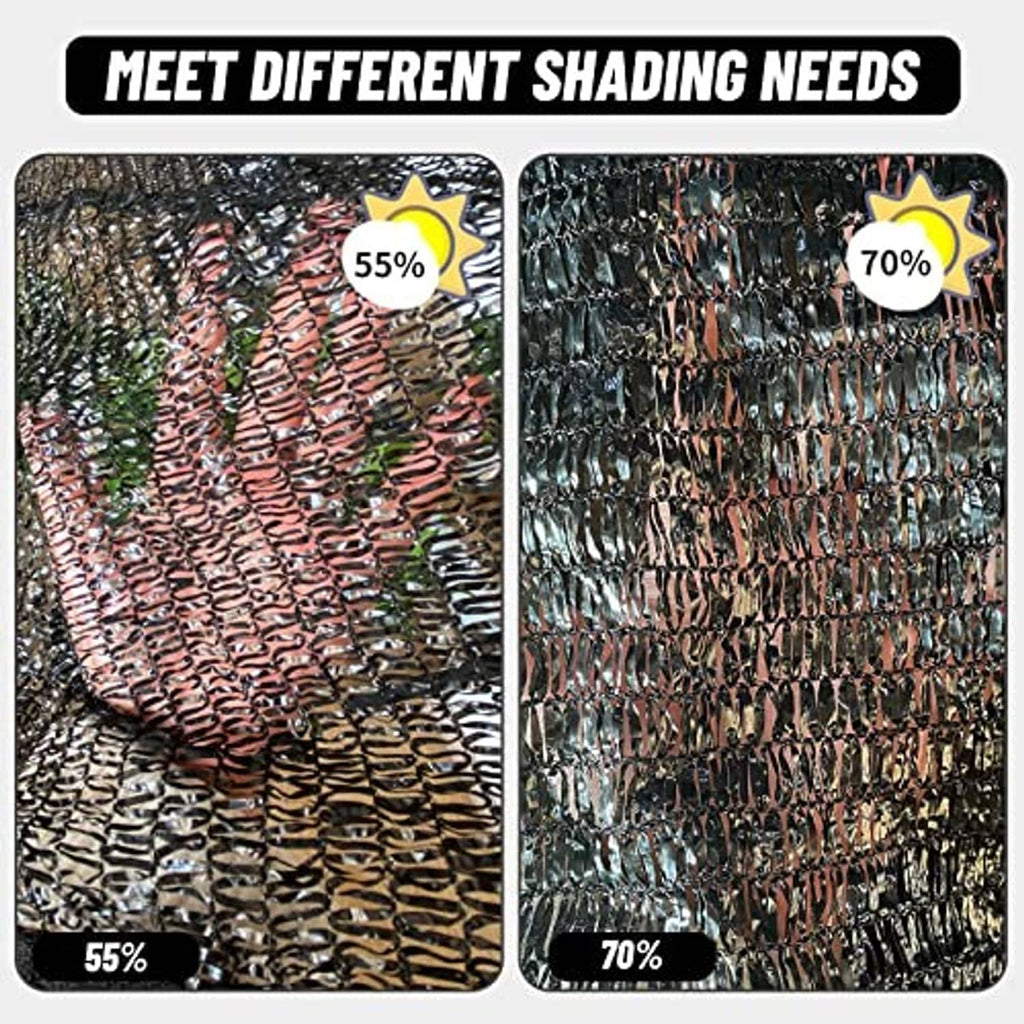 Black mesh shade tarp with two woven panel views showing different shade density