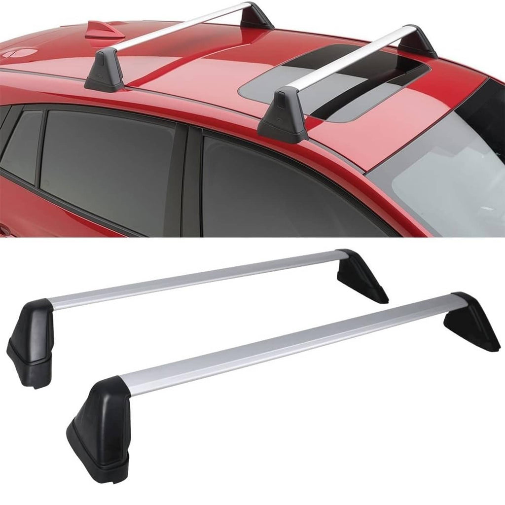 Roof rack cross bars kit with black mounts, installed on car roof, two silver bars