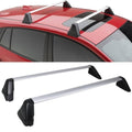 Roof rack cross bars kit with black mounts, installed on car roof, two silver bars