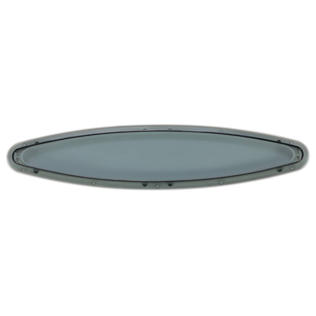 Oval porthole window underside with dark tinted glass and mounting holes.