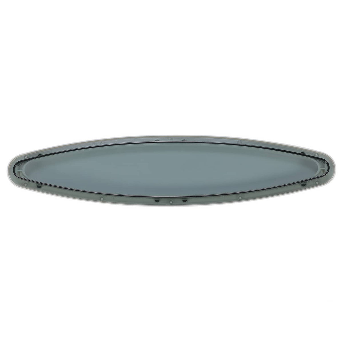 Oval porthole window underside with dark tinted glass and mounting holes.