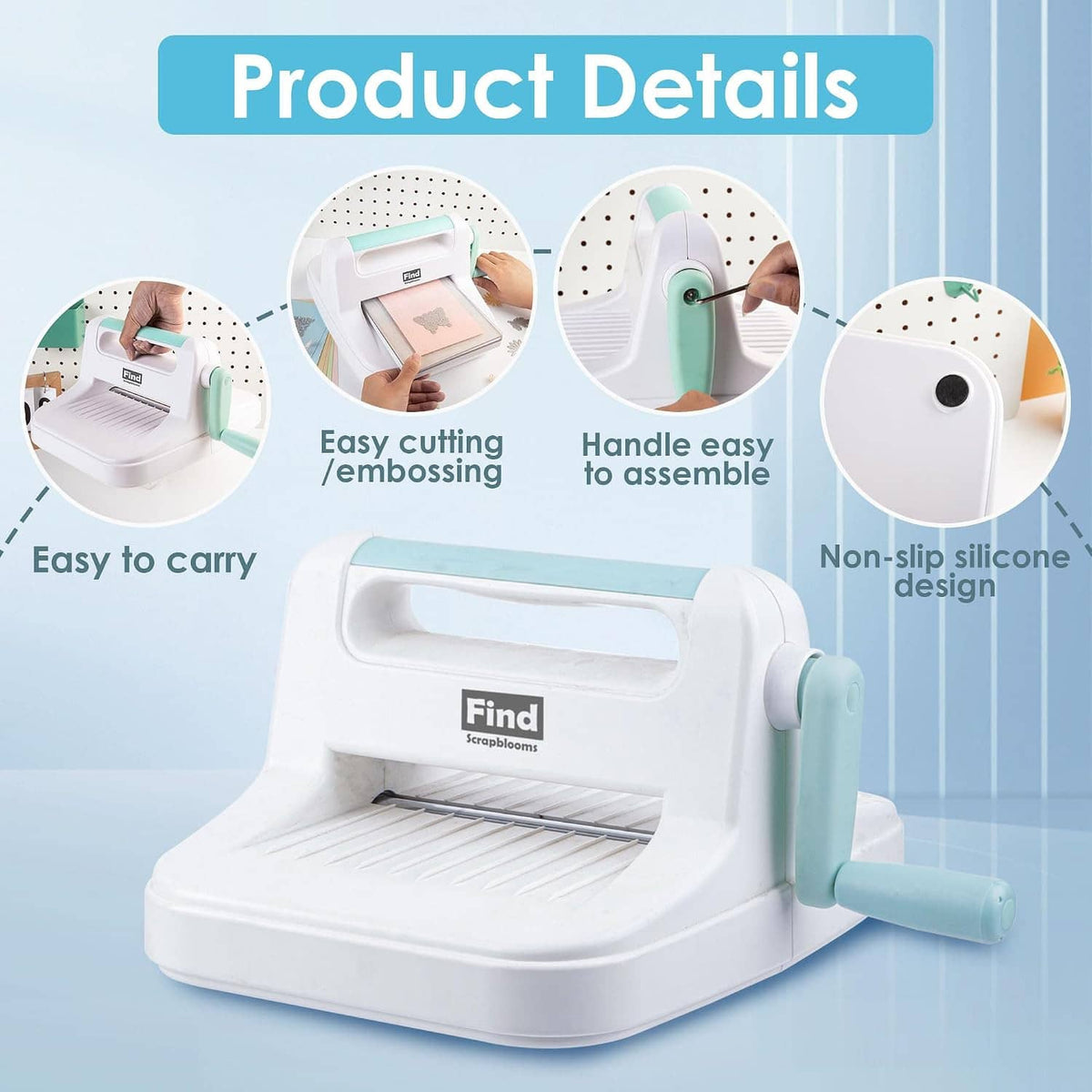 Desktop die cutting and embossing machine with teal side handle and front paper feed